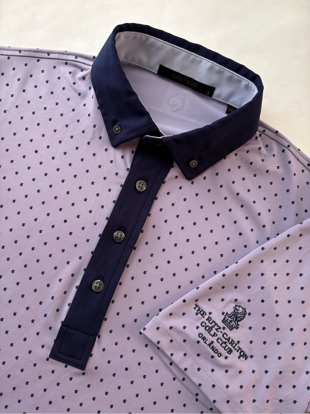Greyson Clothiers Polo Shirt Small S Purple Polka Dot Ritz Carlton Orlando Golf